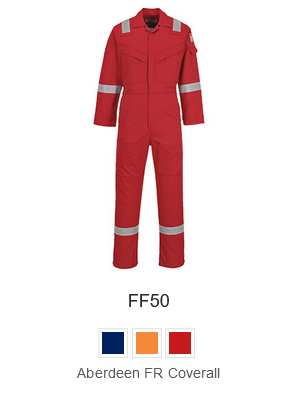 Sample image of the Aberdeen FF50 flame retardant, antistatic protective overall in red with a linked link to the article.