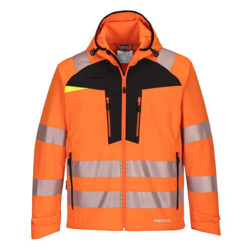 Image of the DX4 Hi-Vis Softshell Jacket DX475 in orange with a link to the article.