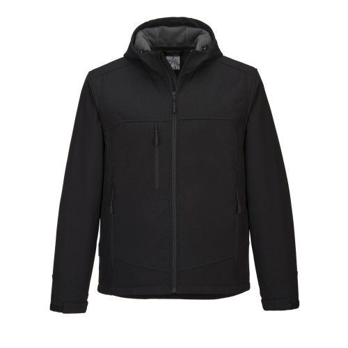 Picture of the KX3 Hooded Softshell Jacket KX362 in black with a link to the article.