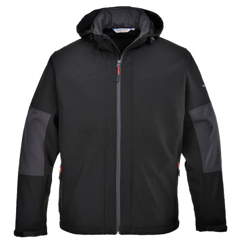 Image of the waterproof softshell jacket with hood TK53 in black with a link to the article.