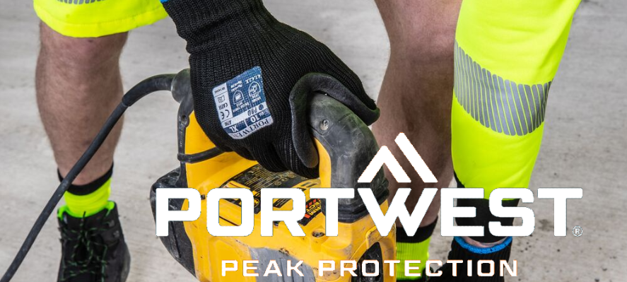 Worker wearing Portwest anti-vibration gloves while using a yellow jackhammer. The white Portwest logo with the word "Peak Protection" is displayed in the foreground.