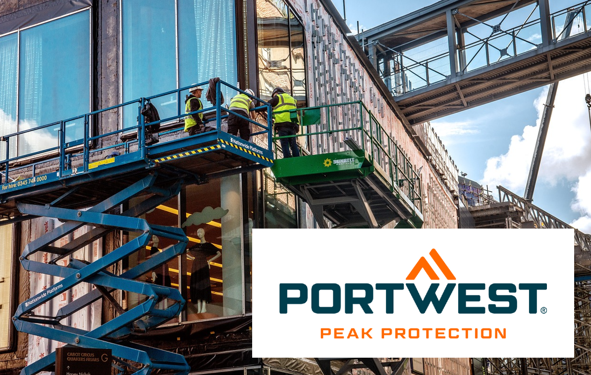 Three workers in high-visibility vests on two lifting platforms in front of a modern window front. The Portwest brand logo is in the bottom right of the image and there is a link to our collection of fall protection.