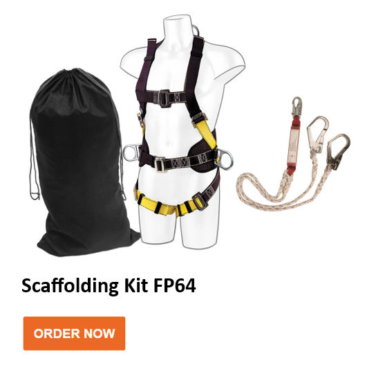 Scaffolding set FP64 on a mannequin along with the associated energy absorber and a black nylon bag for storage. An orange button with a link to the article is provided.