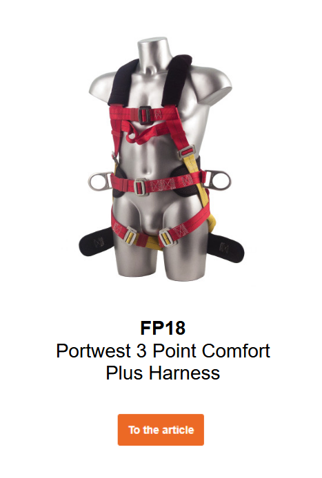 Image of Portwest 3-Point Plus FP18 harness in black, red, and yellow on a mannequin. Link to product page.