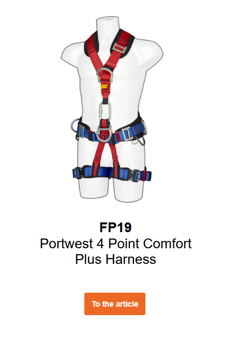 Image of Portwest 4-Point Comfort Plus FP19 harness in blue, red, and black on a mannequin. Link to product page.