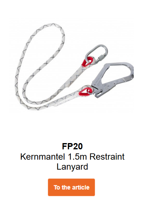 Image of kernmantle connecting rope FP20 in white with grey and red details and silver carabiners. Link to product page.
