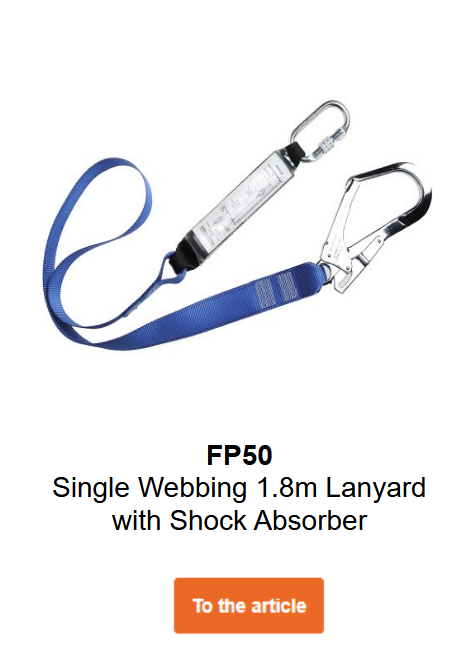 Image of restraint belt with energy absorber FP50 in blue with silver carabiners. Link to product page.