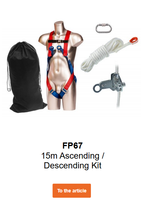 Image of the 15m FP67 fall protection set on a mannequin with black drawstring bag, carabiners, rope, and rope clamp. Link to product page.