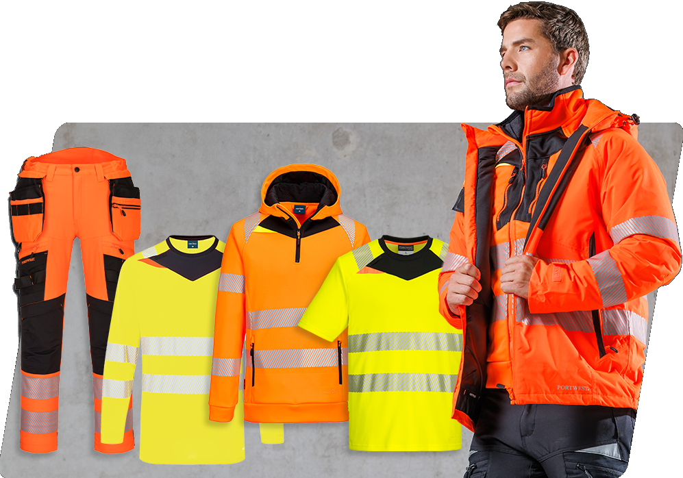 Various models from the DX4 collection in high-visibility yellow and high-visibility orange, along with a male model wearing an orange high-visibility jacket and black work trousers. There is a link to our DX4 collection.