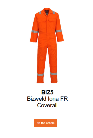 Image of the flame-retardant Bizweld Iona BIZ5 coverall in orange. A link to the article is provided.
