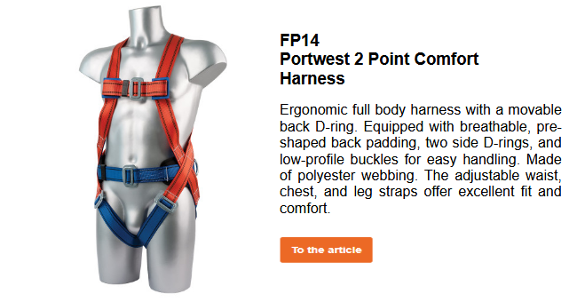Image of the Portwest 2-point comfort fall arrest harness FP14 in red and blue, along with a brief description of the product, which can be viewed on the product page. A link to the product is provided.