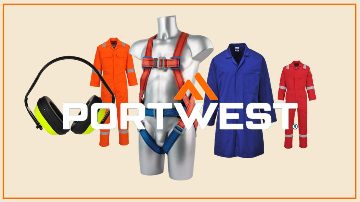 A lineup of our most-searched products (Bizflame 210g FR21 flame-retardant, anti-static coverall in red, Portwest 2-point comfort harness FP14 in red and blue on a gray plastic torso, PW40 classic earmuffs in black and yellow, 2852 standard work coat in blue, and Bizweld Iona BIZ5 flame-retardant coverall in orange) on a beige background. An orange rectangle frames the collage, and the Portwest logo in white letters and with an orange double triangle is placed centrally in front of the items.