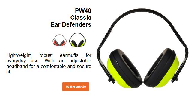 Image of the classic PW40 earmuffs in black and yellow along with a brief description of the item, which can be viewed on the product page. A link to the product is provided.