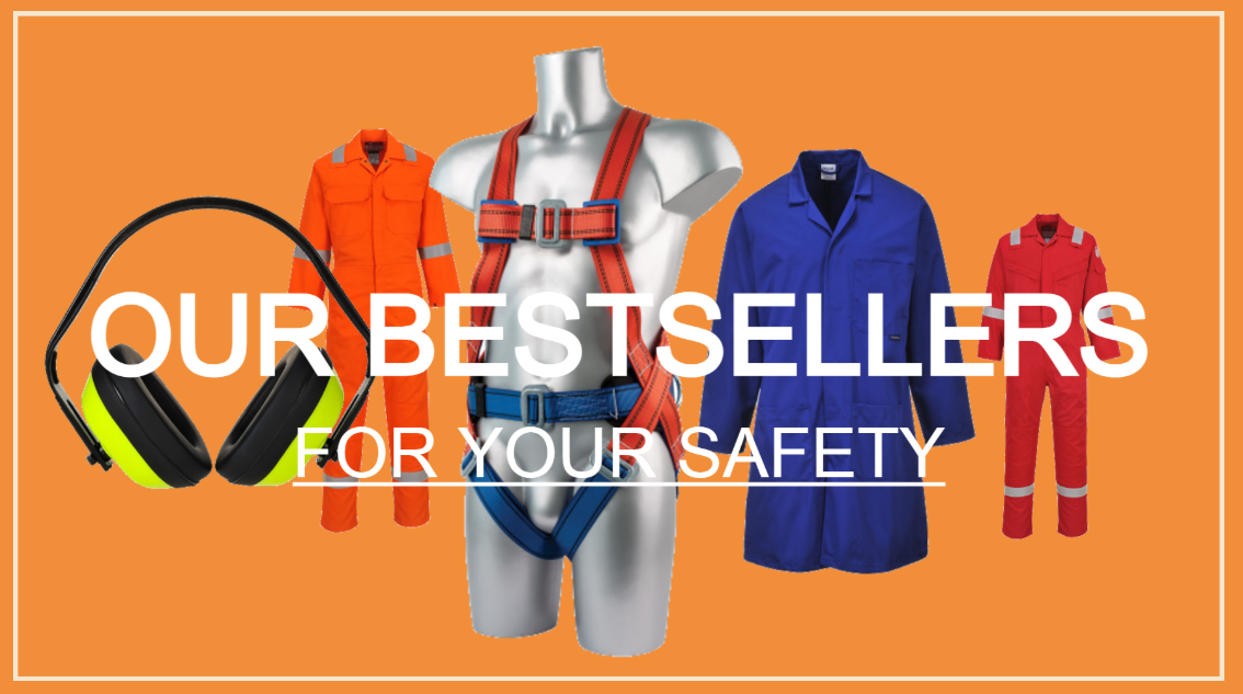 A line-up of our most sought-after products (Bizflame 210g FR21 flame-retardant, anti-static coverall in red, Portwest FP14 2-point comfort harness in red and blue on a gray plastic torso, PW40 classic earmuffs in black and yellow, 2852 standard work coat in blue, and Bizweld Iona BIZ5 flame-retardant coverall in orange) on an orange background. In front of them are the words "Our bestsellers for your safety" in white block letters.