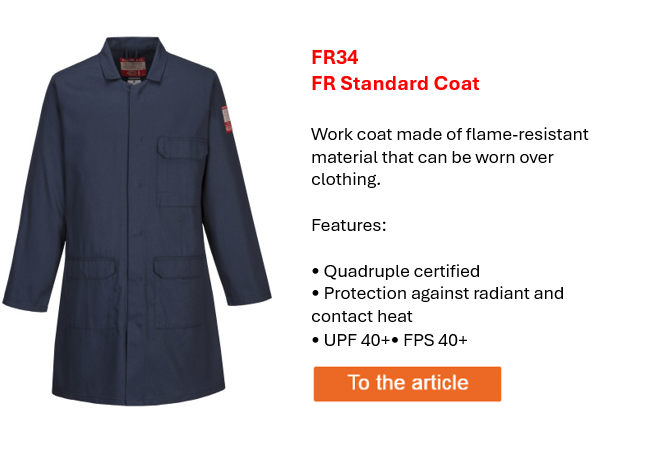 Image of the FR standard coat FR34 in blue with a short information text and a link to the product page.