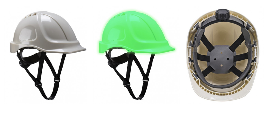 Example image of the Endurance Glowtex safety helmet in triplicate: daylight view of the white helmet, night view of the green glow helmet and interior view looking at the adjustable straps. A click on the picture takes you directly to the article page of the helmet.