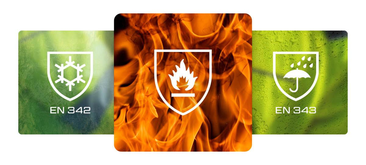 Flame-resistant multi-norm symbols: EN 343 and EN 342 shown with leaf and fire graphics.