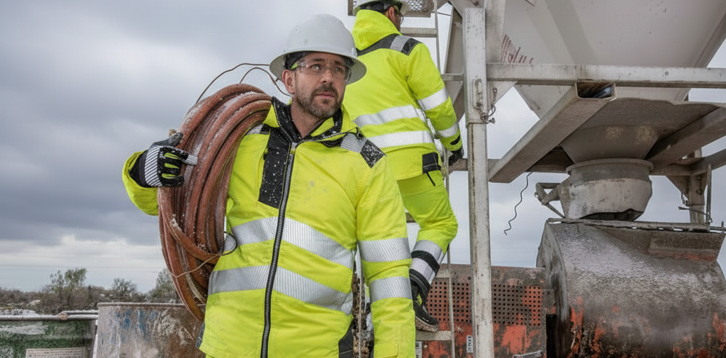 Two workers in yellow winter high-visibility clothing with reflective stripes and black details. Both are wearing gloves, helmets, and safety glasses. The man in the foreground is carrying a coiled hose over his right shoulder. In the background, you can see a white silo and a snowy landscape.