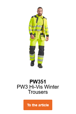 Image of a worker with brown hair and beard wearing the PW3 High-Visibility Winter Trousers PW351 in yellow with matching jacket. A link to the trousers is included.