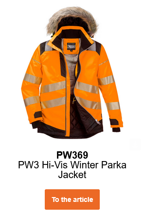 Image of the PW3 High-Visibility Winter Parka PW369 in orange with reflective stripes and black details.