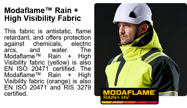 Modaflame rain and high-visibility protection: symbol with explanation.