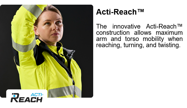 Female worker in PW3 high-visibility vest raising her arm above her head.