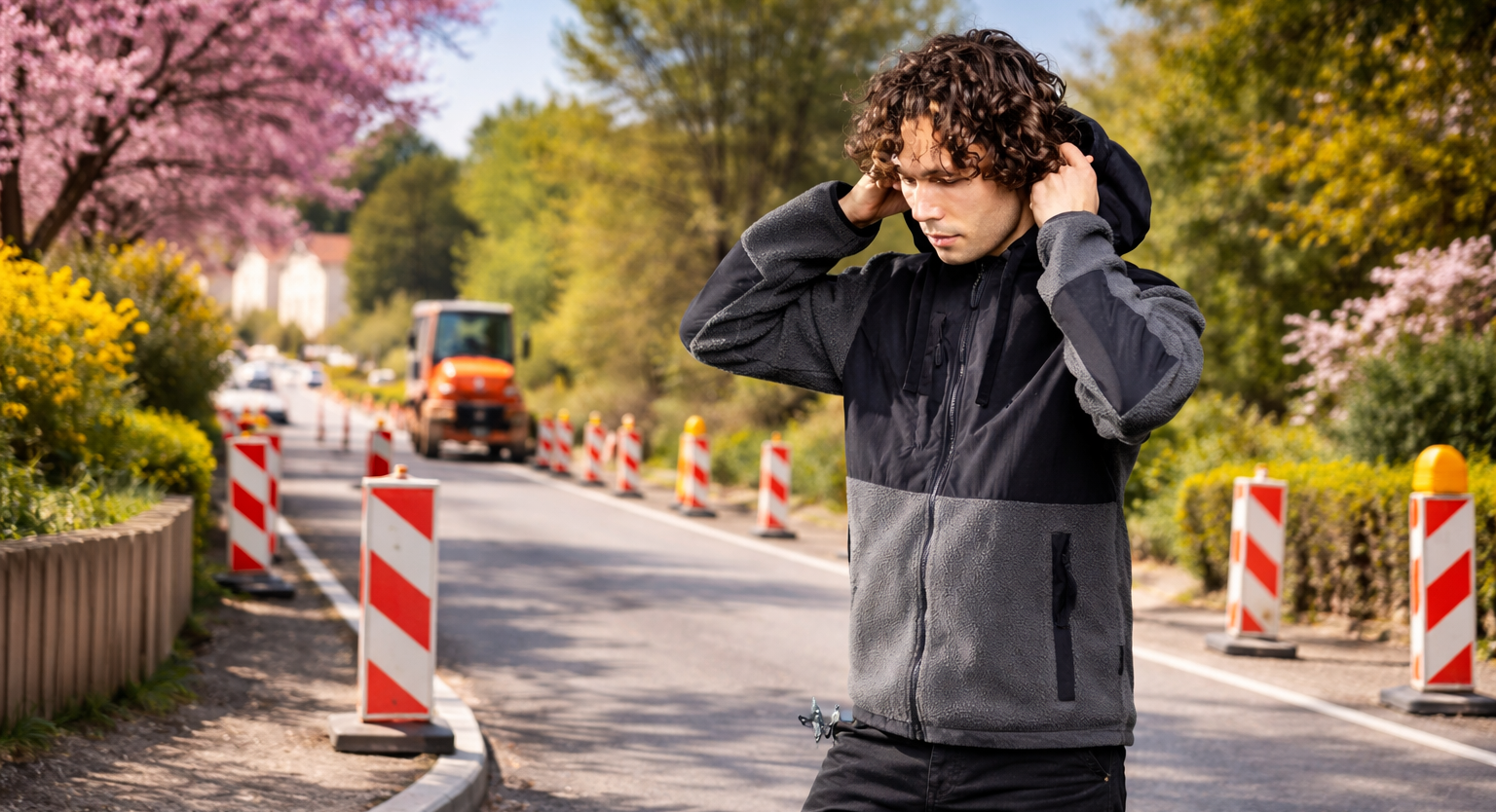 A man in a gray and black fleece jacket at a road construction site in spring. He adjusts the hood, while in the background, red and white construction barriers, an orange construction vehicle, and blossoming trees along the road can be seen.