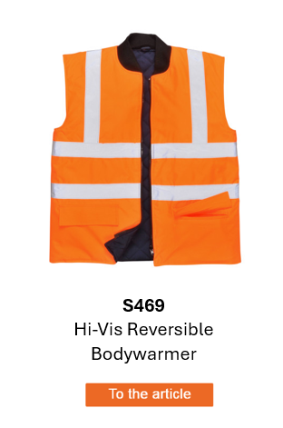 Image of the S469 waterproof, reversible high-visibility vest in orange with reflective stripes and a link to the product page.