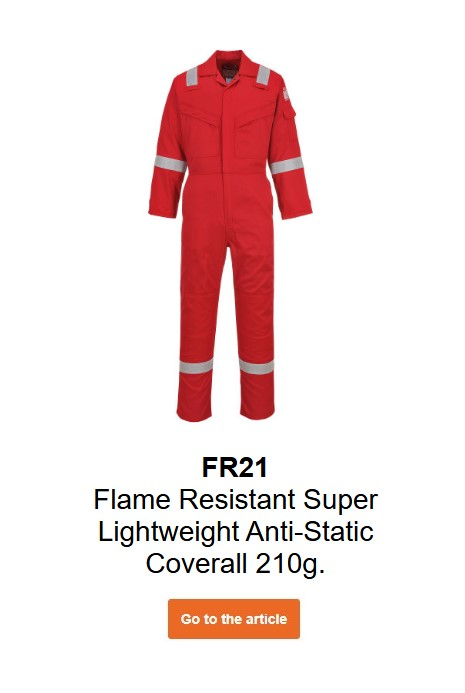 Image of the flame-retardant, antistatic Bizflame 210g FR21 overall in red. A link to the product page is provided.