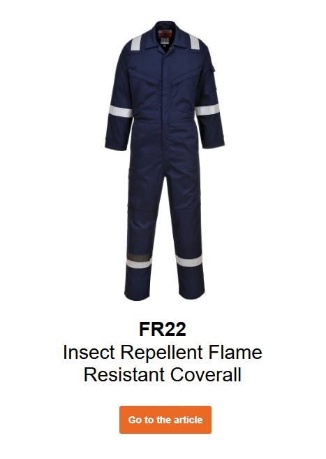 Image of the flame-retardant insect protection coverall 210g FR22 in dark blue. A link to the product page is provided.