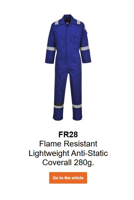 Image of the flame-retardant, antistatic Bizflame 280g FR28 overall in blue. A link to the product page is provided.
