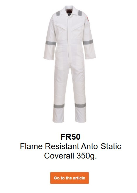 Image of the flame-retardant, antistatic Bizflame 350g FR50 coverall in white. A link to the product page is provided.