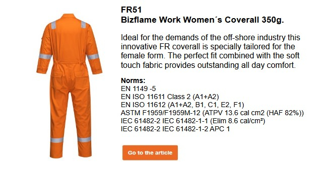Image of the Bizflame Plus Women's Coverall 350g FR51 in orange. A link to the product page is provided.