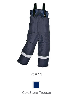 Example image of the CS11 cold storage trousers in blue with a link to the article.