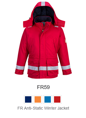 Example image of the antistatic winter jacket FR59 in red with a link to the article.