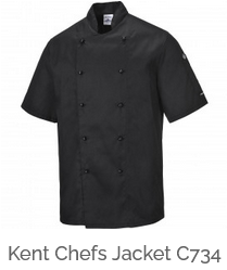 Example image of the chef's jacket Kent C734 in black with a link to the article.