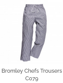 Example image of the Bromley C079 chef's trousers in blue checkered with a link to the article.