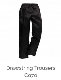Example image of the C070 drawstring trousers in black with a link to the article.