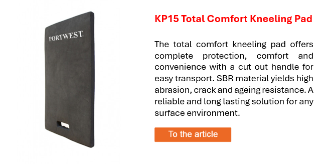 Image of Comfort Knee Cushion KP15 in black with white Portwest print. Linked to product.