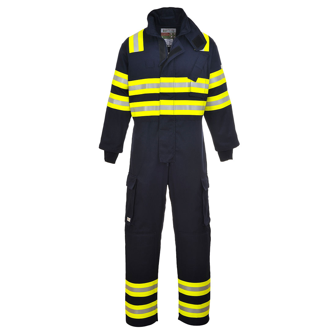 Flame retardant Bizflame overall forest fire FR98 in blue with yellow warning stripes and reflective stripes. Link to article provided.