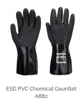 ESD PVC chemical protective gloves A882 in black with a link to the article.