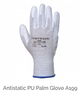 Image of the antistatic PU palm glove A199 in gray with a link to the article.