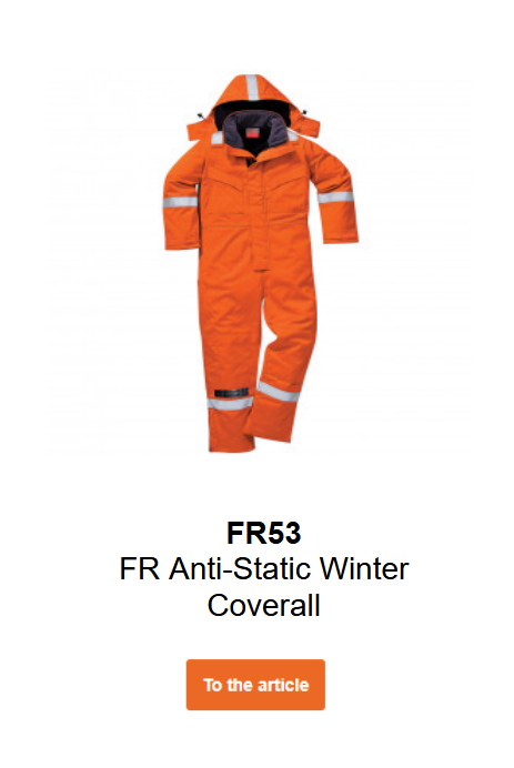 Image of the flame-retardant, antistatic winter coverall Bizflame FR53 in orange with reflective stripes.