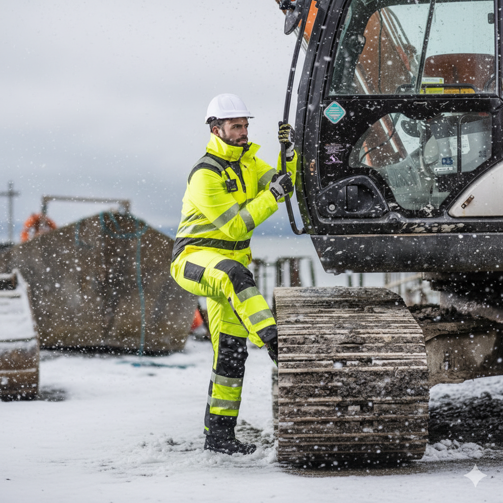 A worker wearing the PW3 high-visibility winter coverall PW352 in yellow with reflective stripes climbs into an excavator. In the background, a snow-covered construction site and other construction machines can be seen.