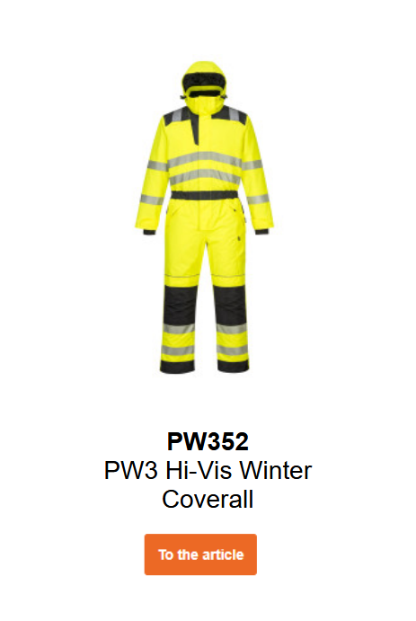 Image of the PW3 high-visibility winter coverall PW352 in yellow with black details and reflective stripes.