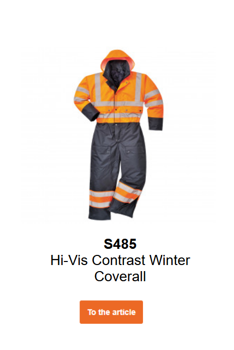 Image of the padded Hi-Vis contrast coverall S485 in orange with black details and reflective stripes.