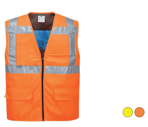 Sample image of the high-visibility cooling vest CV02 in orange with color examples in yellow and orange and a linked link to the article.