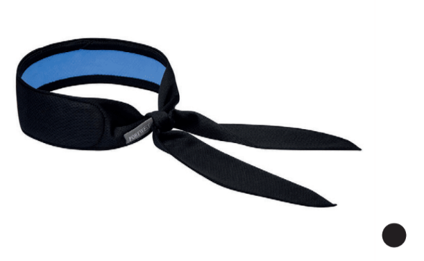 Sample image of the cooling neckband CV05 in black with blue details with a color sample in black and a linked link to the item.