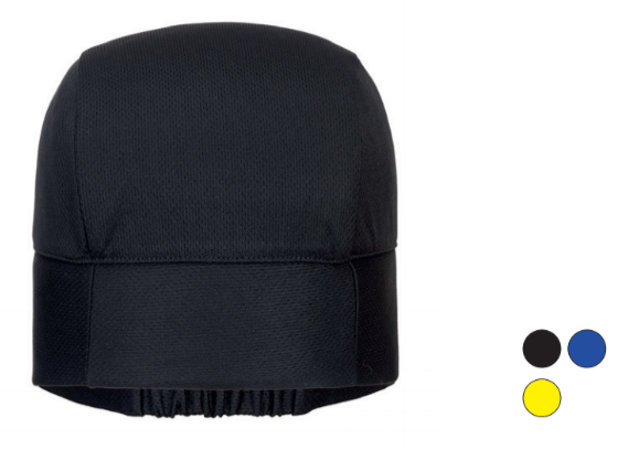 Sample image of the cooling CV11 cap in black with color examples in black, blue and yellow and a linked link to the item.