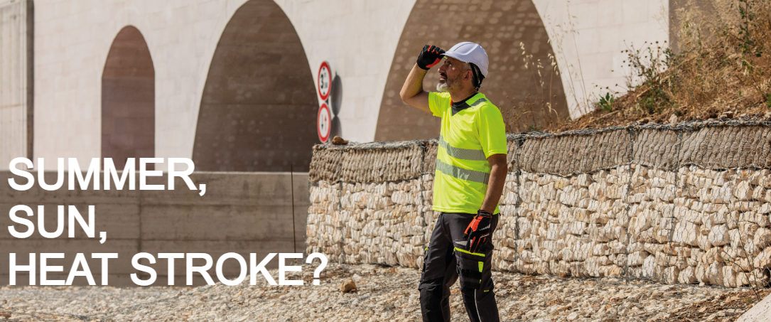 Worker with short-sleeved yellow high-visibility T-shirt, white hard hat and orange-black gloves in front of a sunburnt meadow. White headline: "Summer, Sun, Heat Stroke?". Link to our selection of heat-protective workwear and accessories.